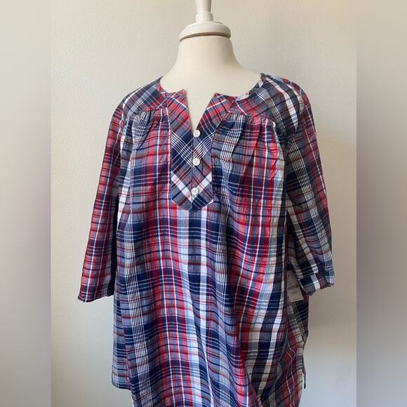 Catherines NWT Country Ranch Patriotic Pleated Plaid Oversized Comfy Blouse 1X - Picture 2 of 7